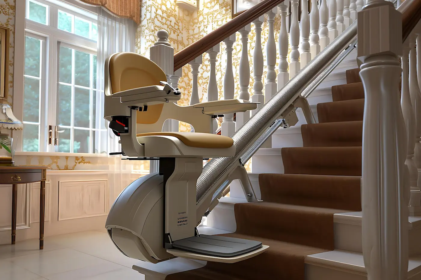 Escalera interior de un chalet unifamiliar con silla salvaescaleras instalada