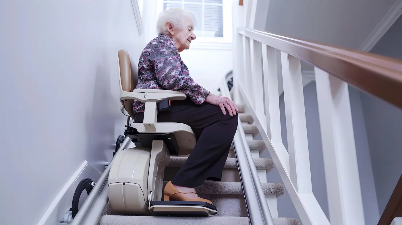 Persona mayor utilizando una silla salvaescaleras en su vivienda de Pozuelo de Alarcón